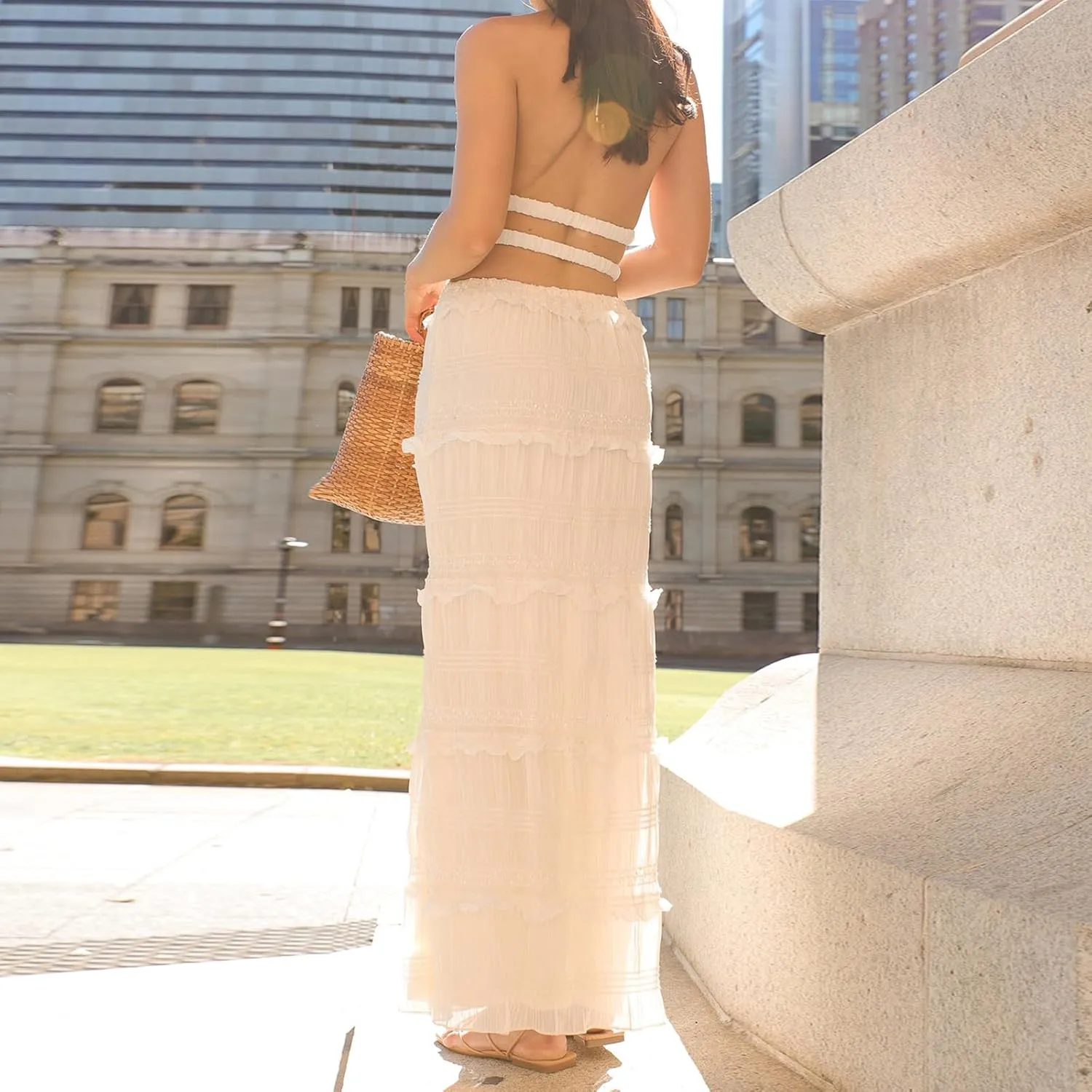 Women Y2k Maxi Skirt Sets Sleeveless Halter Top and Ruffle Tiered Long Skirt Outfits Elegant 2 Piece Beachwear