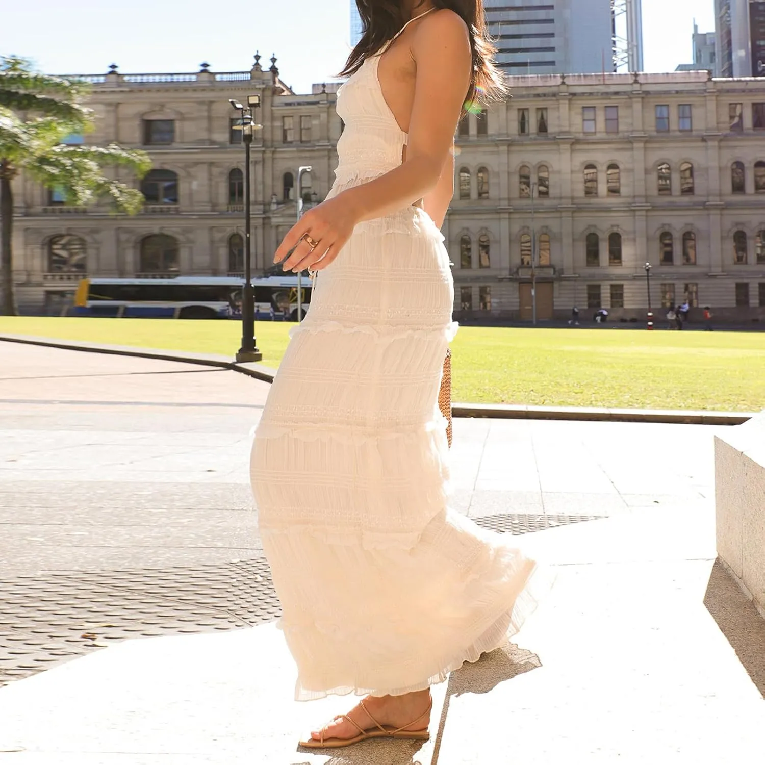 Women Y2k Maxi Skirt Sets Sleeveless Halter Top and Ruffle Tiered Long Skirt Outfits Elegant 2 Piece Beachwear