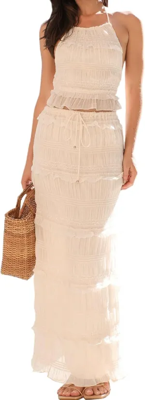 Women Y2k Maxi Skirt Sets Sleeveless Halter Top and Ruffle Tiered Long Skirt Outfits Elegant 2 Piece Beachwear