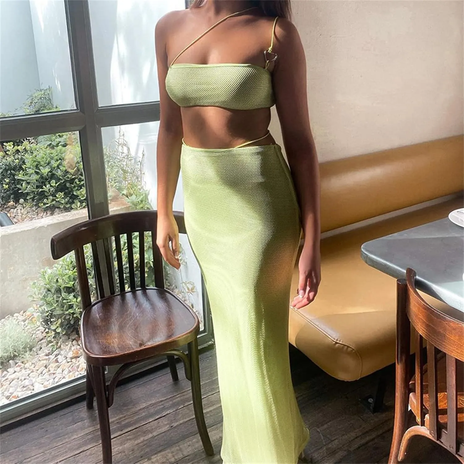 Women's 2 Piece Maxi Skirt Set Crochet Knit Tank Crop Top Low Waist Wrap Skirt High Split Elegant Summer Beach Dress