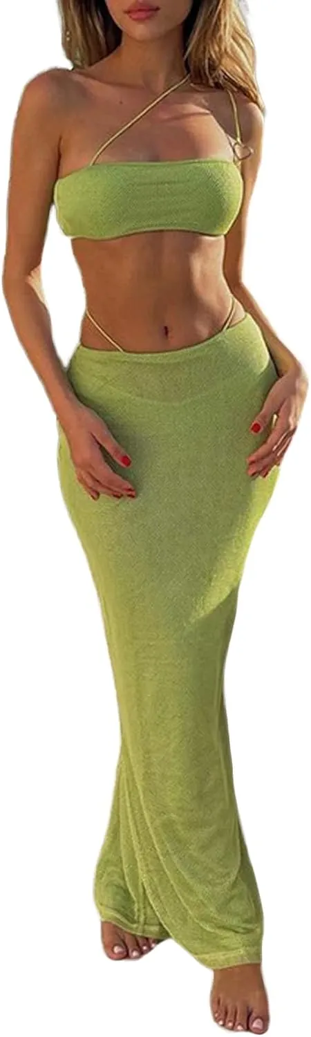 Women's 2 Piece Maxi Skirt Set Crochet Knit Tank Crop Top Low Waist Wrap Skirt High Split Elegant Summer Beach Dress