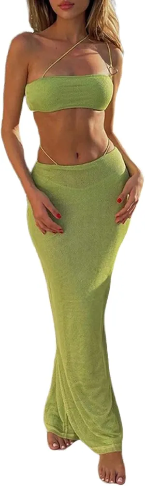 Women's 2 Piece Maxi Skirt Set Crochet Knit Tank Crop Top Low Waist Wrap Skirt High Split Elegant Summer Beach Dress