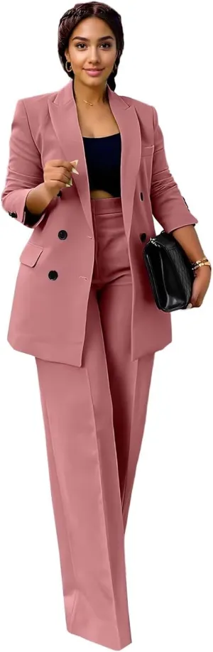 Women's 2 Piece Outfits Blazer Jacket and Wide Leg Pants Double Breasted Formal Suits for Women Casual Suit Sets