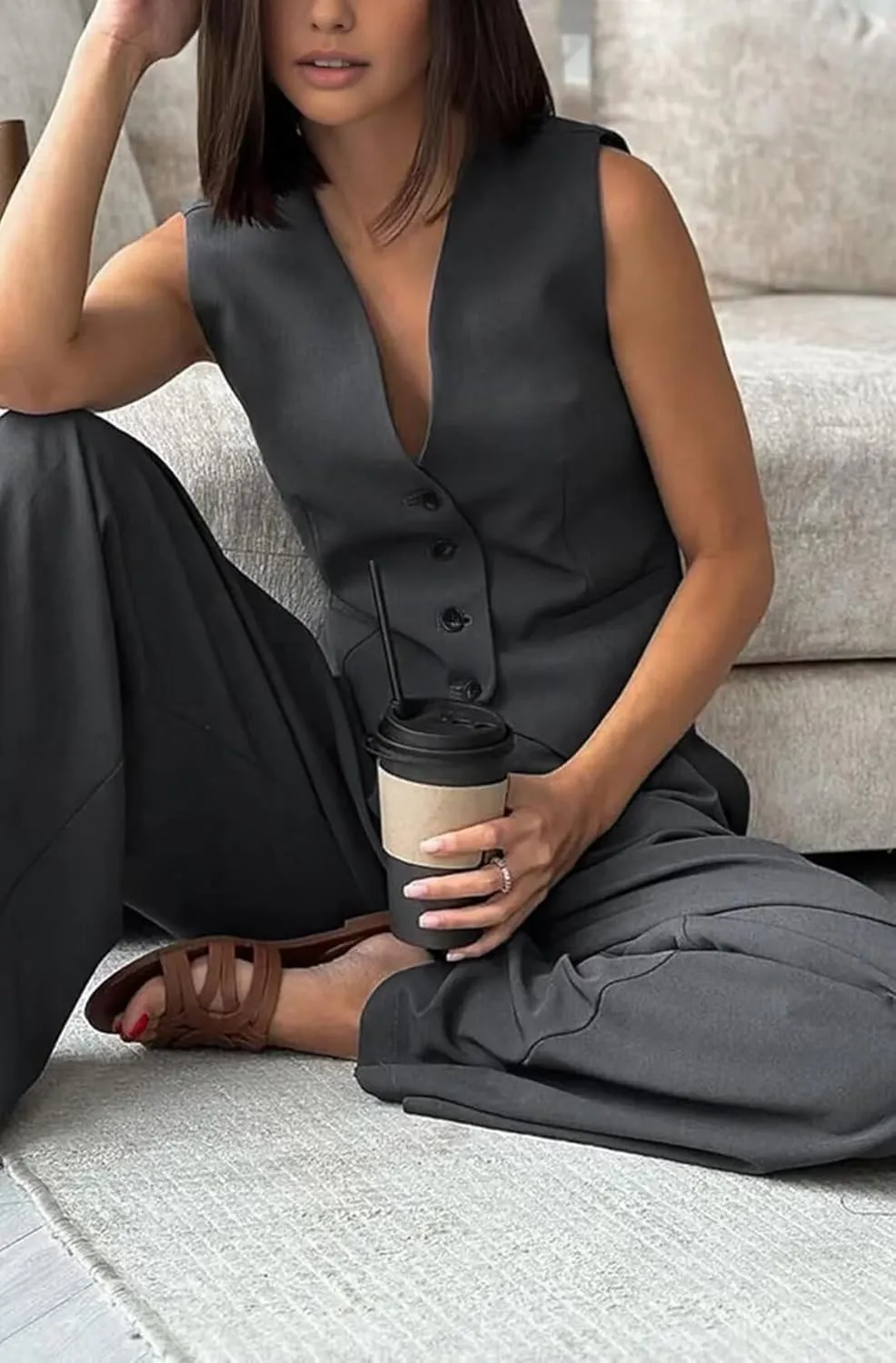 Women's 2 Piece Outfits Button Front Waistcoat Sleeveless V Neck Vest and Pants