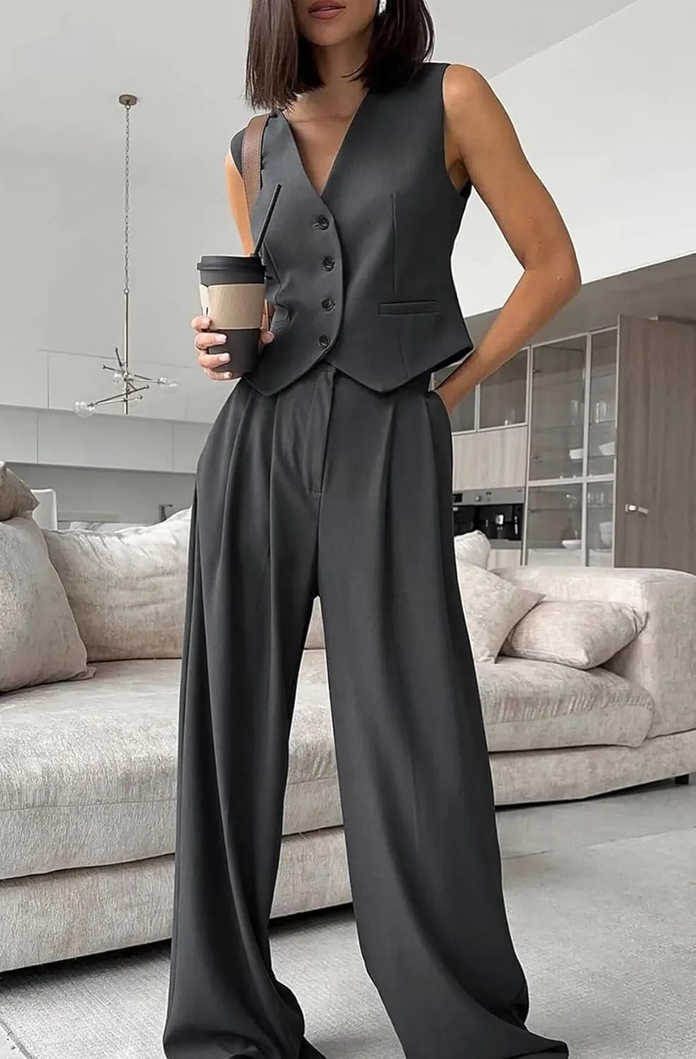 Women's 2 Piece Outfits Button Front Waistcoat Sleeveless V Neck Vest and Pants
