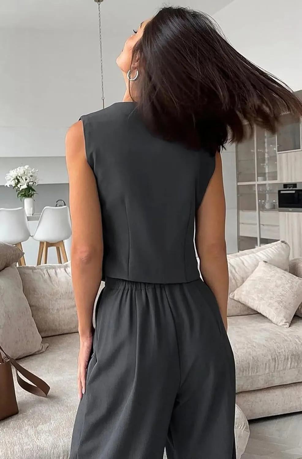 Women's 2 Piece Outfits Button Front Waistcoat Sleeveless V Neck Vest and Pants