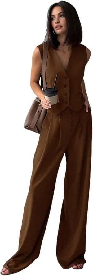 Women's 2 Piece Outfits Button Front Waistcoat Sleeveless V Neck Vest and Pants