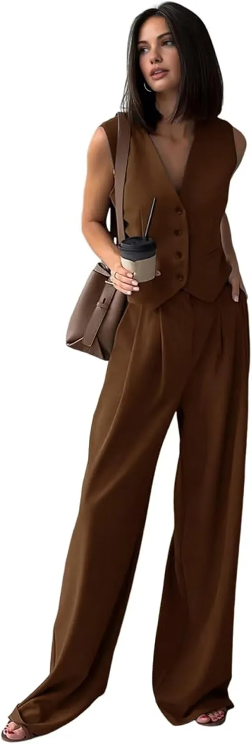 Women's 2 Piece Outfits Button Front Waistcoat Sleeveless V Neck Vest and Pants