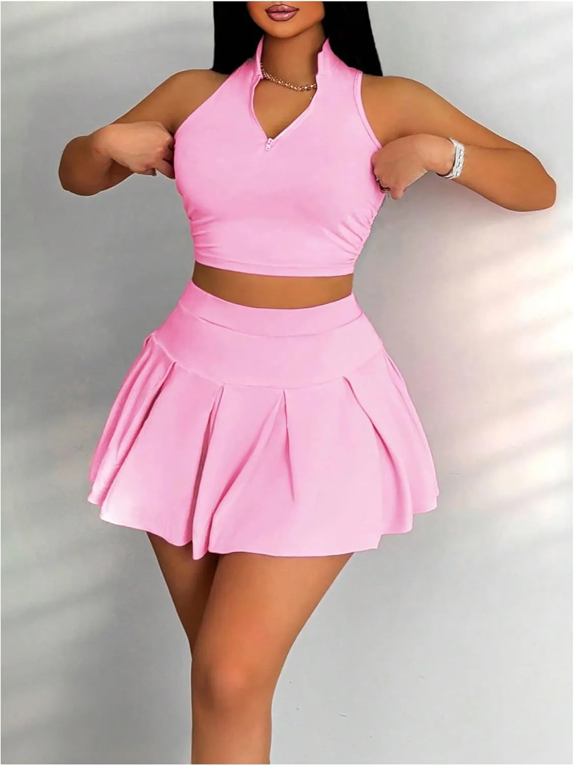 Women's 2 Piece Tennis Skirt Set Sleeveless Racerback Crop Tank Tops High Waisted Pleated Mini Skirt Outfits