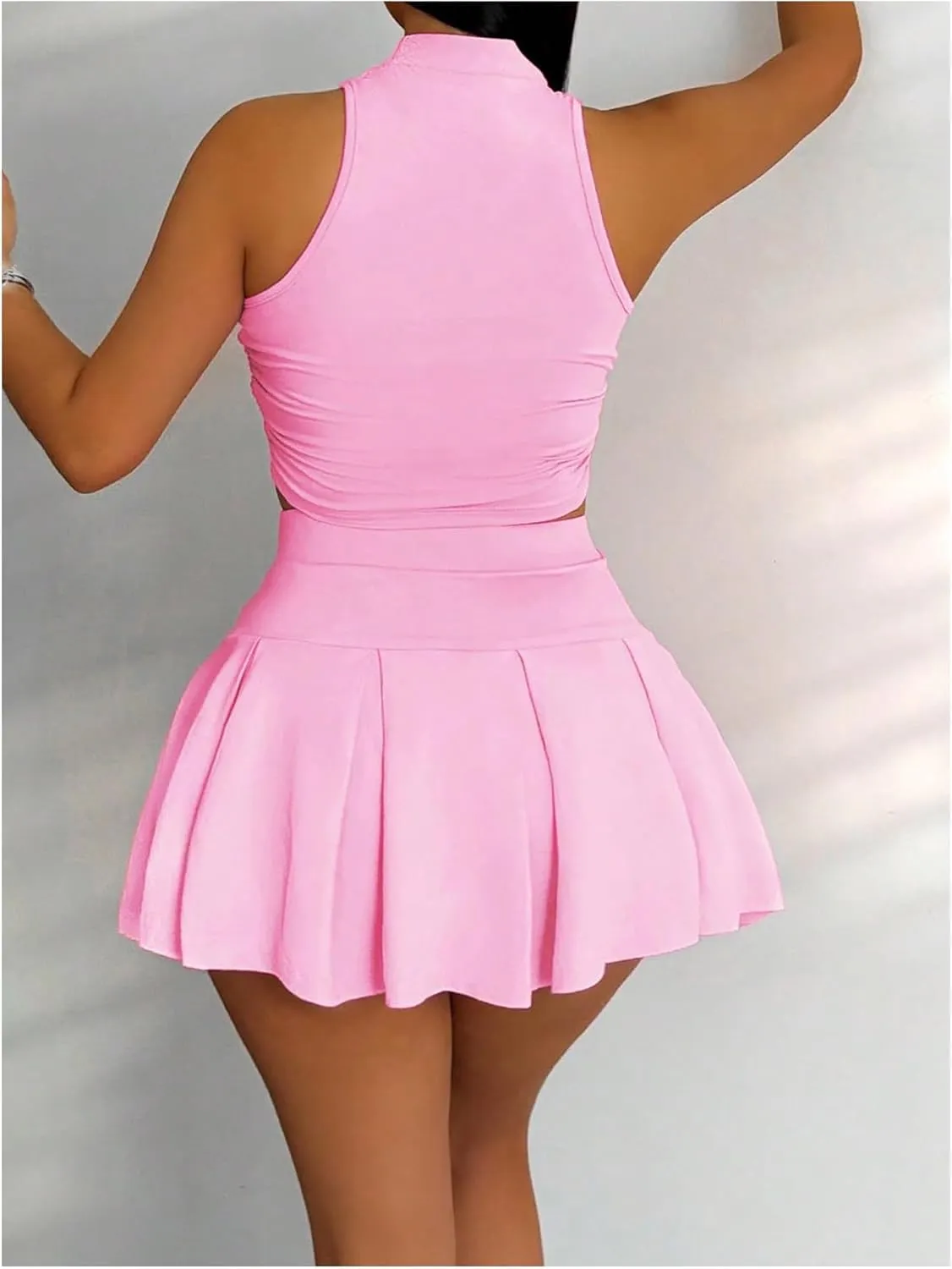 Women's 2 Piece Tennis Skirt Set Sleeveless Racerback Crop Tank Tops High Waisted Pleated Mini Skirt Outfits