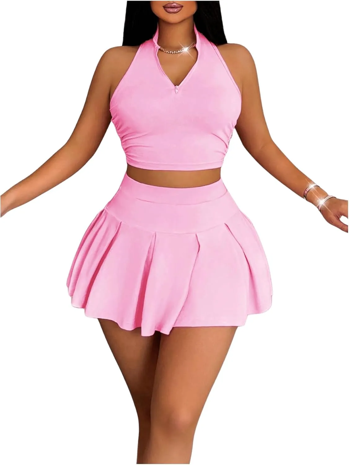Women's 2 Piece Tennis Skirt Set Sleeveless Racerback Crop Tank Tops High Waisted Pleated Mini Skirt Outfits