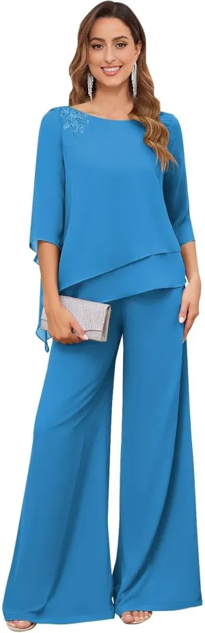 Women's 2PC Mother of The Bride Pants Suits for Wedding Lace Appliqued Chiffon Formal Outfit