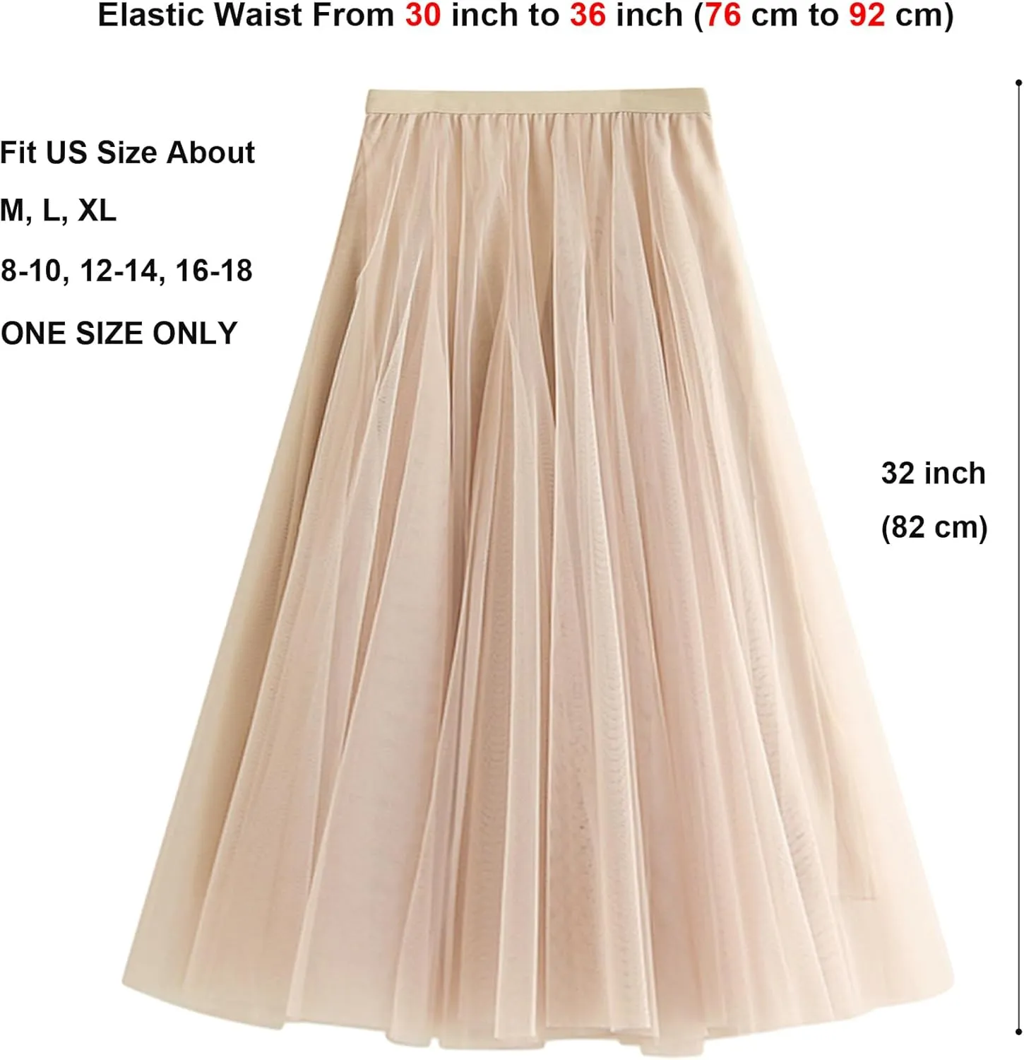Women's A-line Tulle Skirts Elastic High Waist Skirt Lined Flowy Midi Lace Long Pleated Mesh Skirt, One Size M to L