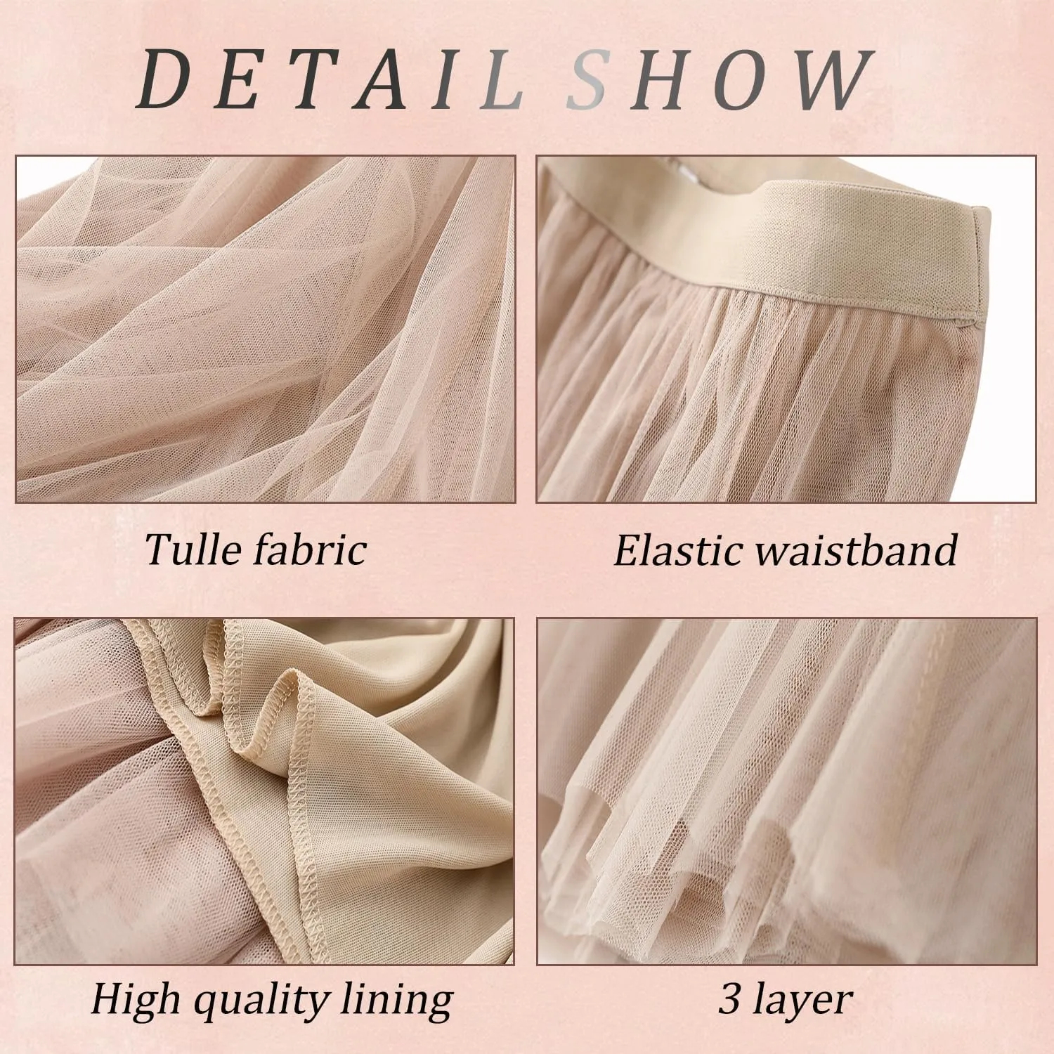 Women's A-line Tulle Skirts Elastic High Waist Skirt Lined Flowy Midi Lace Long Pleated Mesh Skirt, One Size M to L