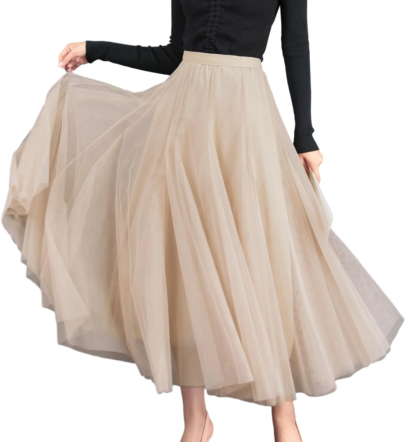 Women's A-line Tulle Skirts Elastic High Waist Skirt Lined Flowy Midi Lace Long Pleated Mesh Skirt, One Size M to L
