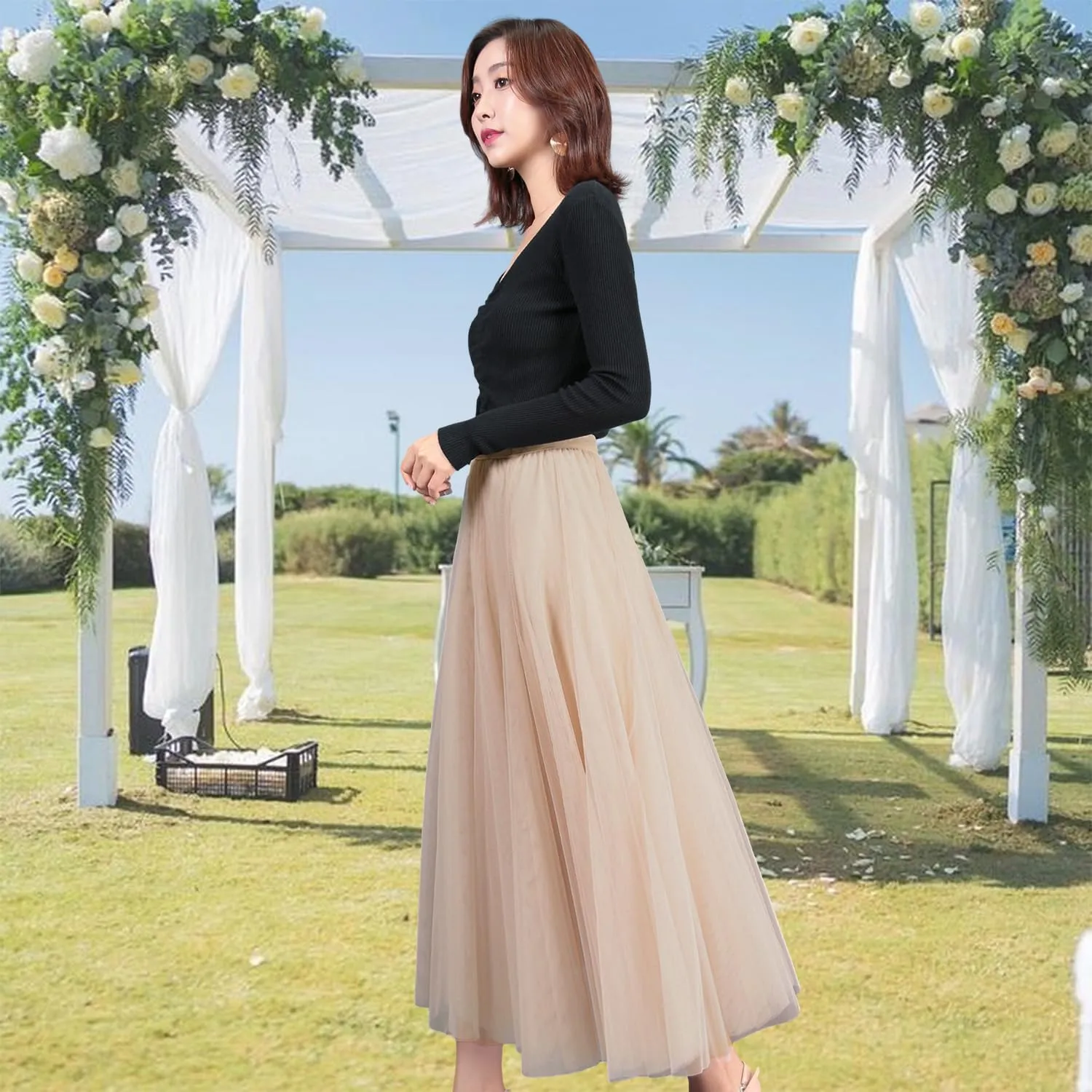 Women's A-line Tulle Skirts Elastic High Waist Skirt Lined Flowy Midi Lace Long Pleated Mesh Skirt, One Size M to L