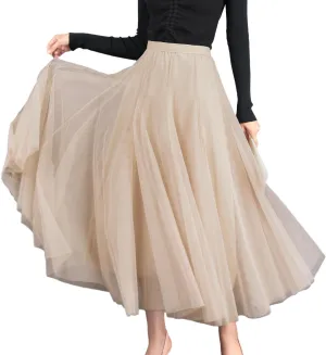 Women's A-line Tulle Skirts Elastic High Waist Skirt Lined Flowy Midi Lace Long Pleated Mesh Skirt, One Size M to L