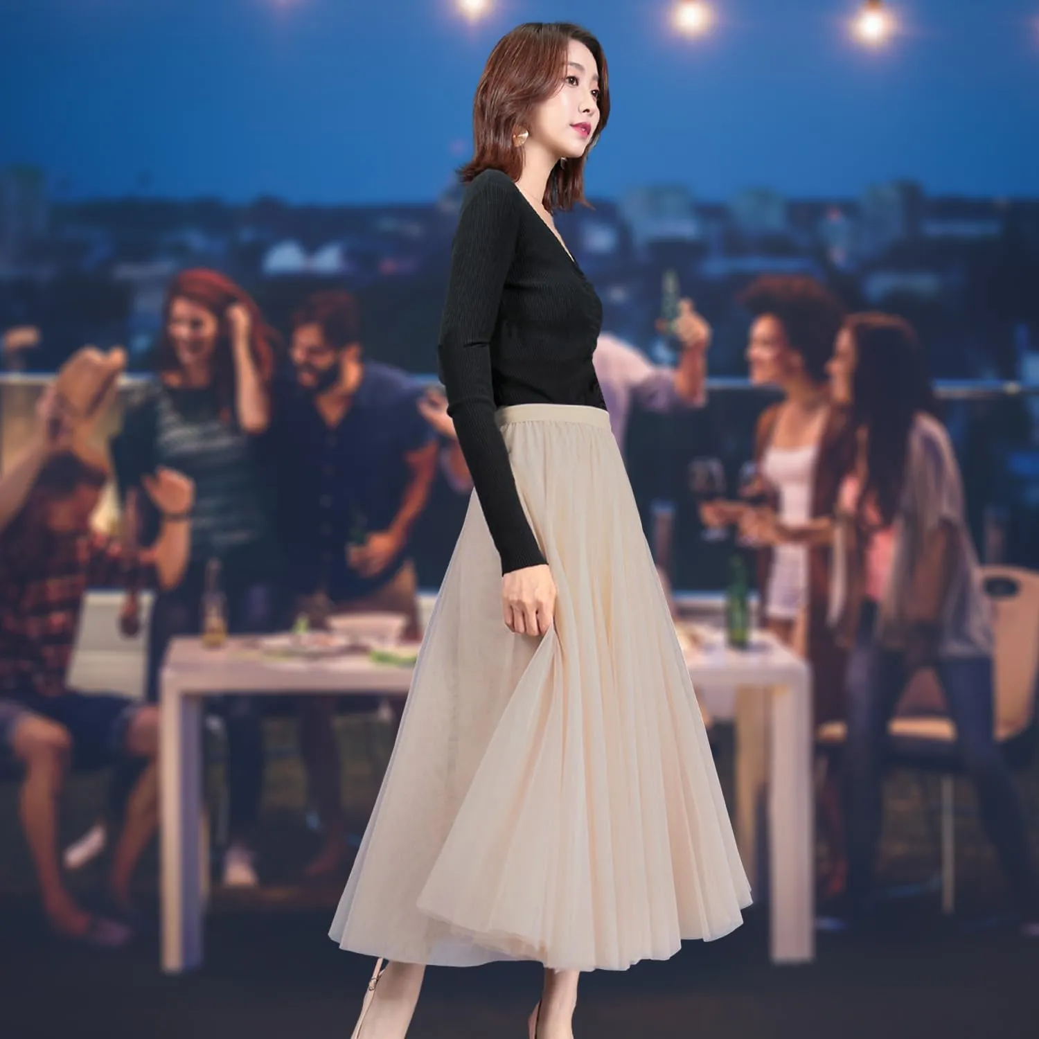 Women's A-line Tulle Skirts Elastic High Waist Skirt Lined Flowy Midi Lace Long Pleated Mesh Skirt, One Size M to L