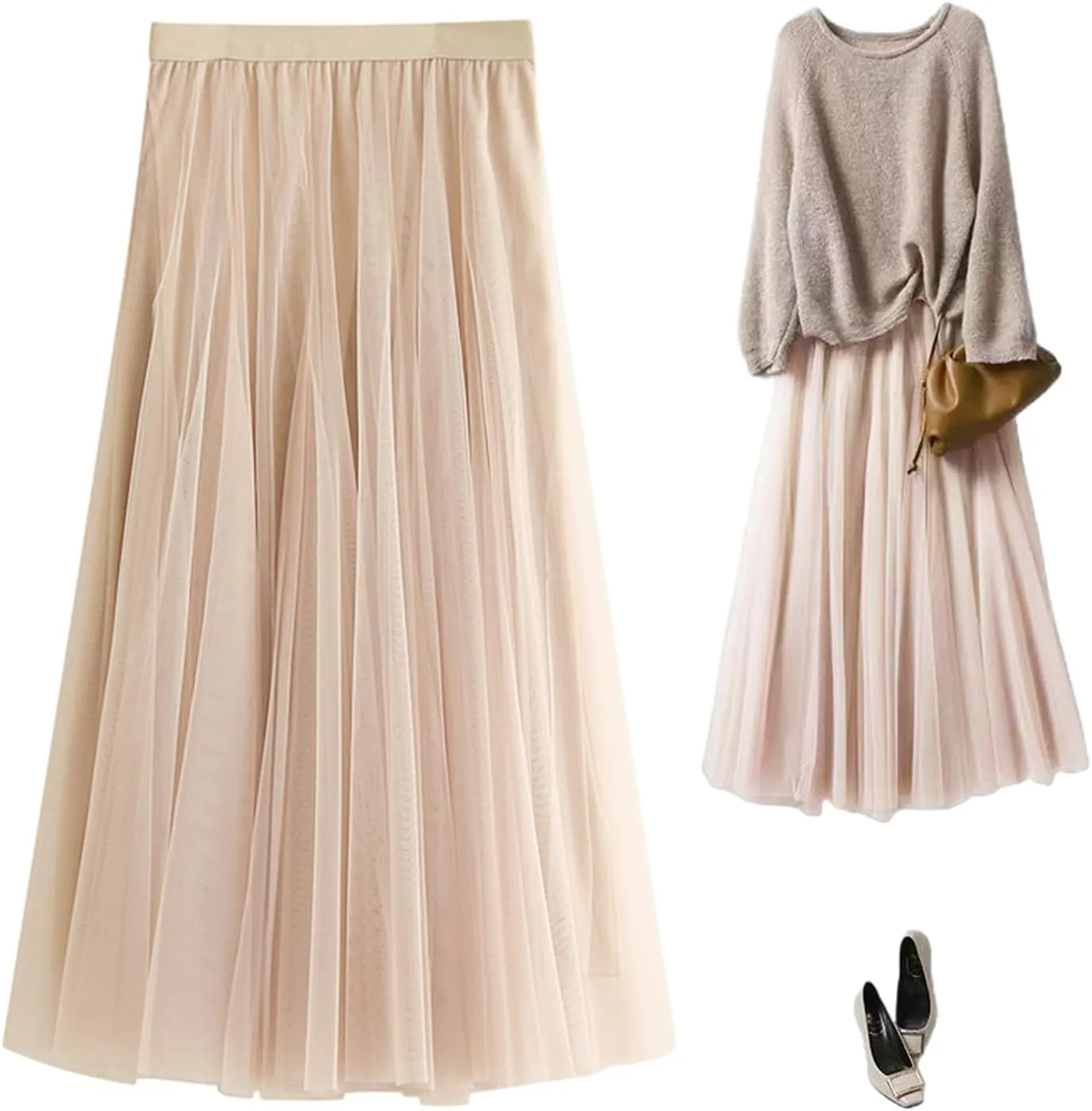 Women's A-line Tulle Skirts Elastic High Waist Skirt Lined Flowy Midi Lace Long Pleated Mesh Skirt, One Size M to L