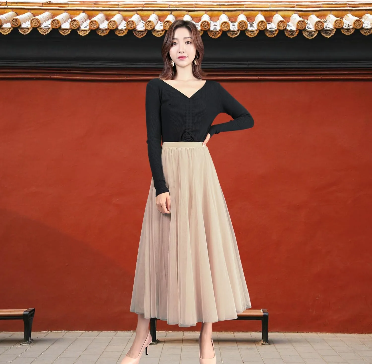Women's A-line Tulle Skirts Elastic High Waist Skirt Lined Flowy Midi Lace Long Pleated Mesh Skirt, One Size M to L