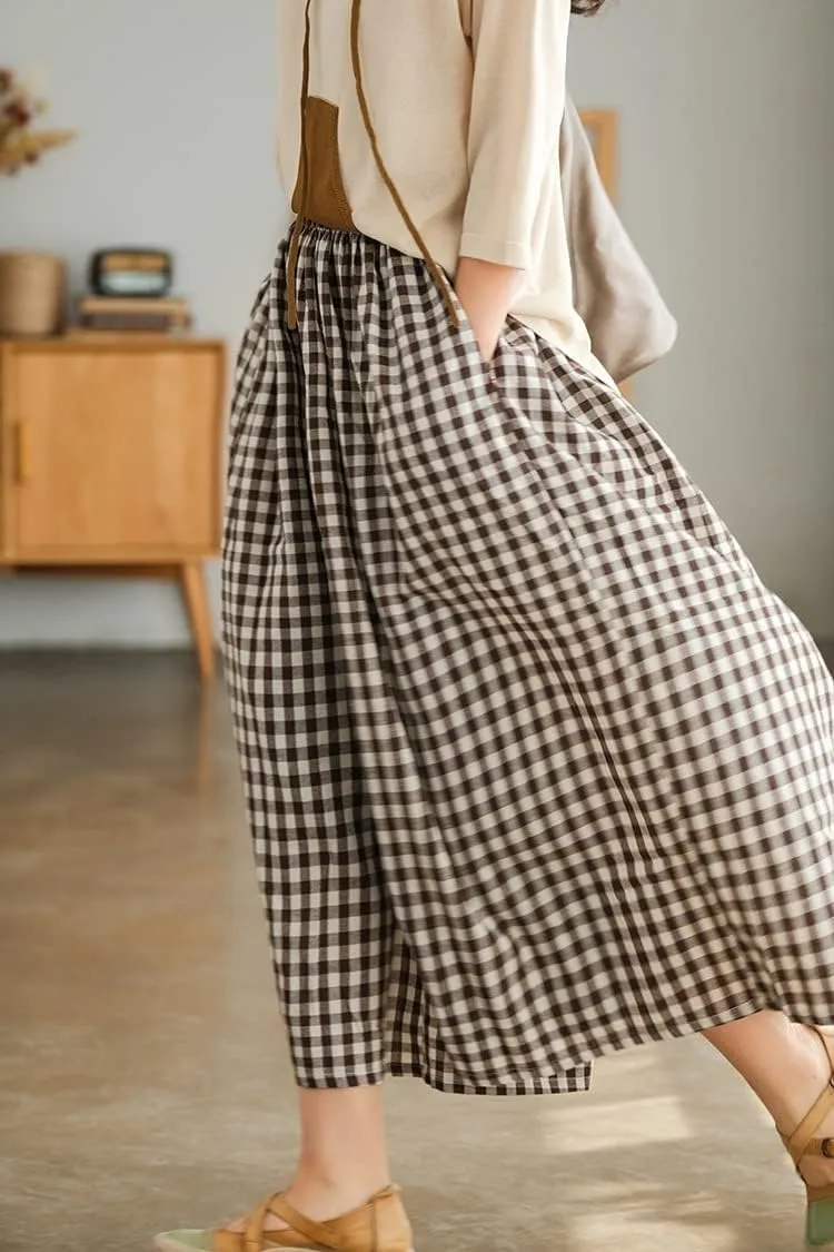 Women's Baggy Plaid Cotton Linen Pants Elastic Waist Gingham Wide Leg Palazzo Capri Pants