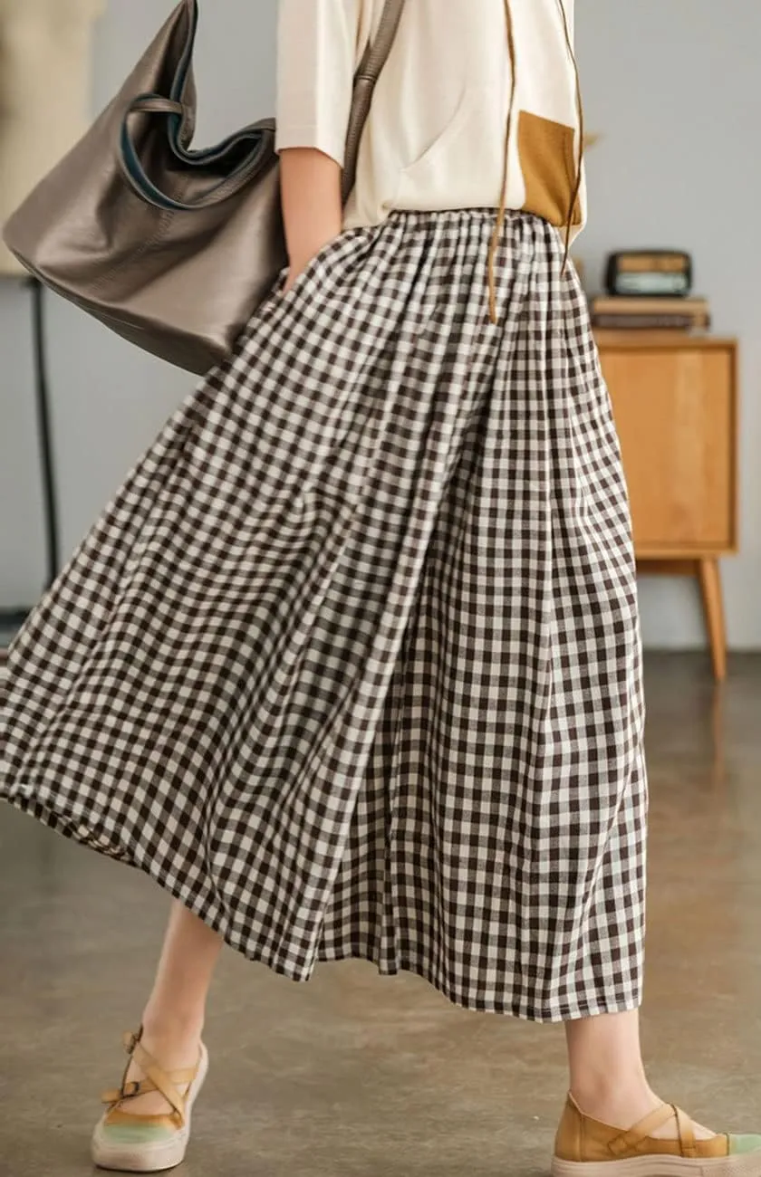Women's Baggy Plaid Cotton Linen Pants Elastic Waist Gingham Wide Leg Palazzo Capri Pants