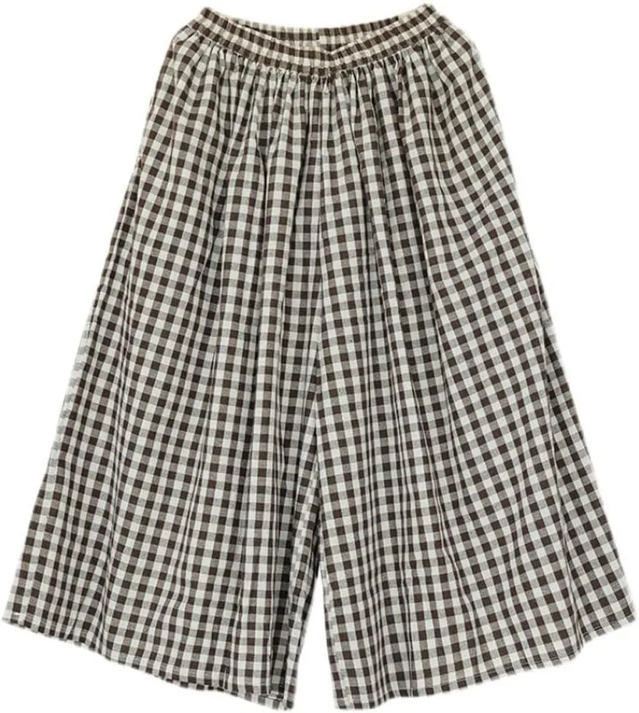 Women's Baggy Plaid Cotton Linen Pants Elastic Waist Gingham Wide Leg Palazzo Capri Pants