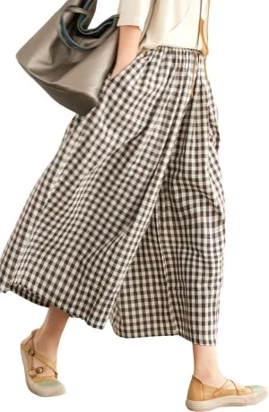 Women's Baggy Plaid Cotton Linen Pants Elastic Waist Gingham Wide Leg Palazzo Capri Pants