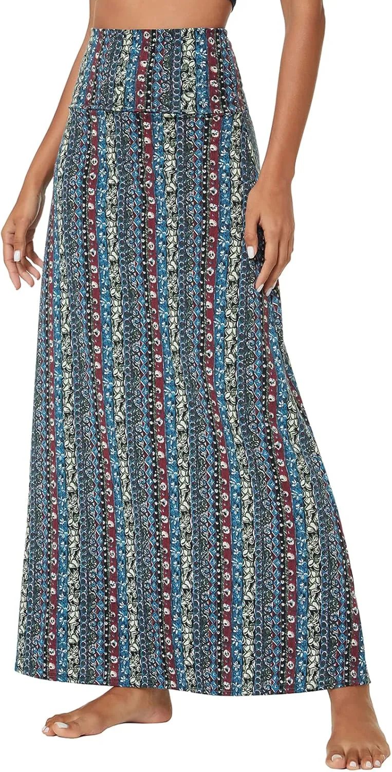 Women's Boho Flod Over Long Maxi Skirt Elastic High Waisted Long Skirts for Women