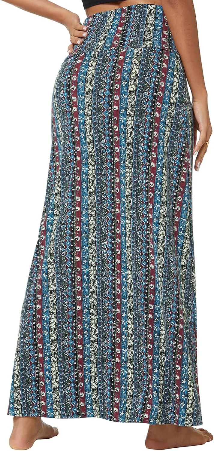 Women's Boho Flod Over Long Maxi Skirt Elastic High Waisted Long Skirts for Women