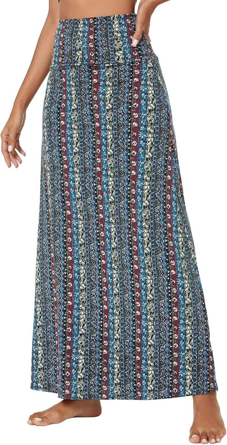 Women's Boho Flod Over Long Maxi Skirt Elastic High Waisted Long Skirts for Women