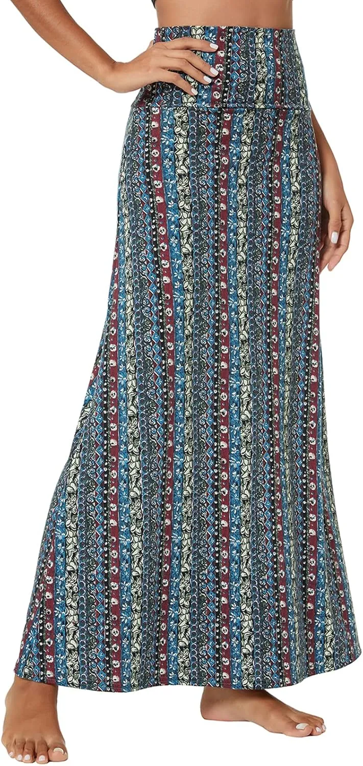 Women's Boho Flod Over Long Maxi Skirt Elastic High Waisted Long Skirts for Women