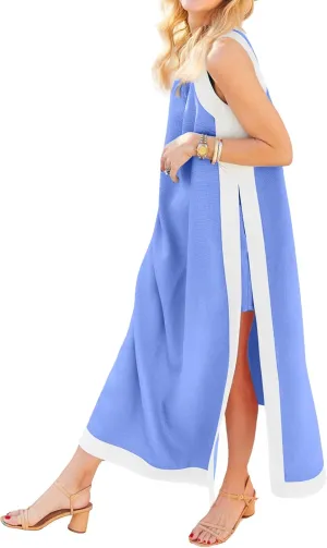 Womens Color Block Maxi Dress 2 Piece Matching Shorts Sets Summer Bohemian Sleeveless Long Dresses with Pockets