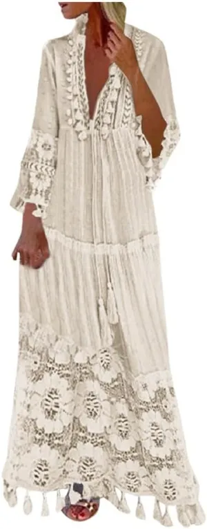 Womens Deep V Neck Sexy Boho Dress Floral Lace Trim Fringed Maxi Dress Ruffle Tiered Flowy Wedding Cocktail Dresses