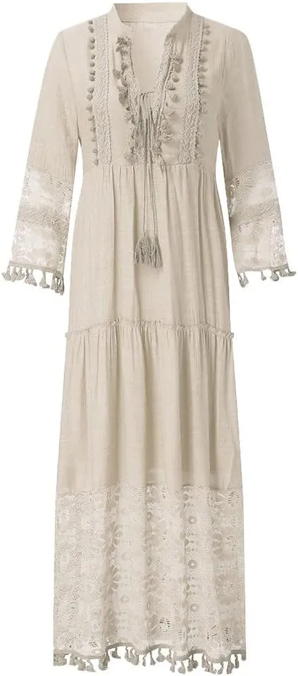 Womens Deep V Neck Sexy Boho Dress Floral Lace Trim Fringed Maxi Dress Ruffle Tiered Flowy Wedding Cocktail Dresses