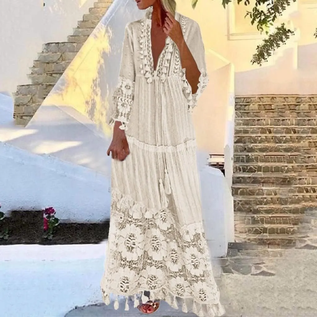 Womens Deep V Neck Sexy Boho Dress Floral Lace Trim Fringed Maxi Dress Ruffle Tiered Flowy Wedding Cocktail Dresses