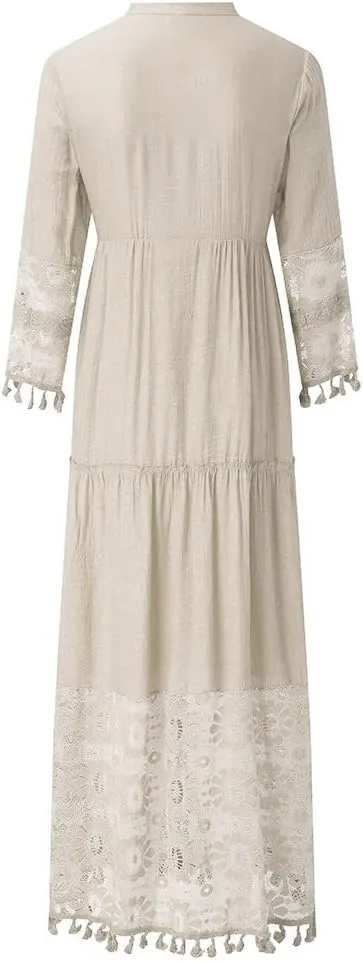 Womens Deep V Neck Sexy Boho Dress Floral Lace Trim Fringed Maxi Dress Ruffle Tiered Flowy Wedding Cocktail Dresses