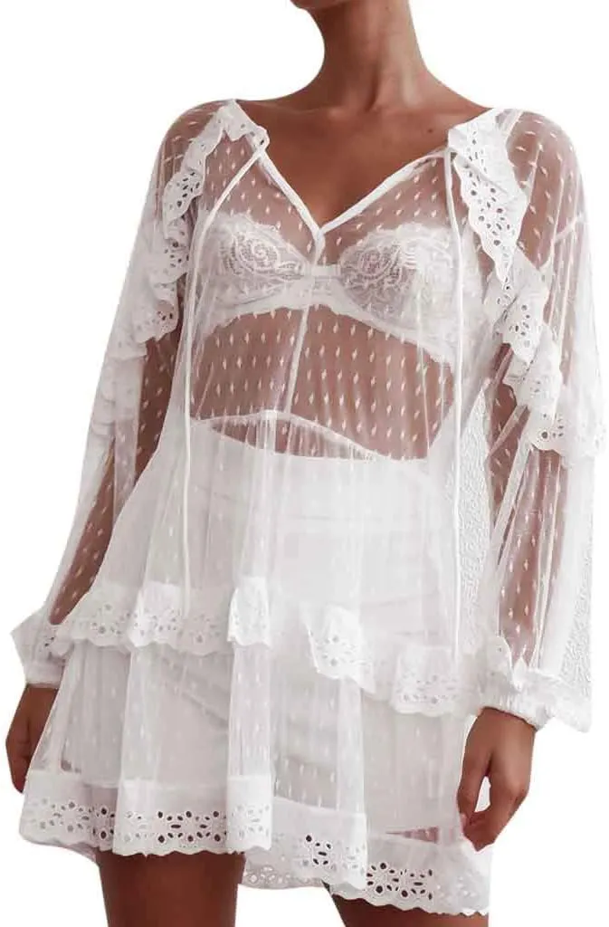 Womens Dress Ruffle Lace See Through Long Sleeve Princess Mini Dress(White,M)