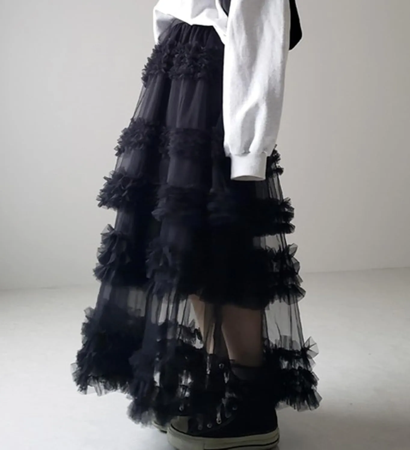 Women's Fairy Layered Tulle Midi Skirt Sweet Elastic High Waist A-Line Ruffle Tiered Mesh Puffy Long Maxi Skirt