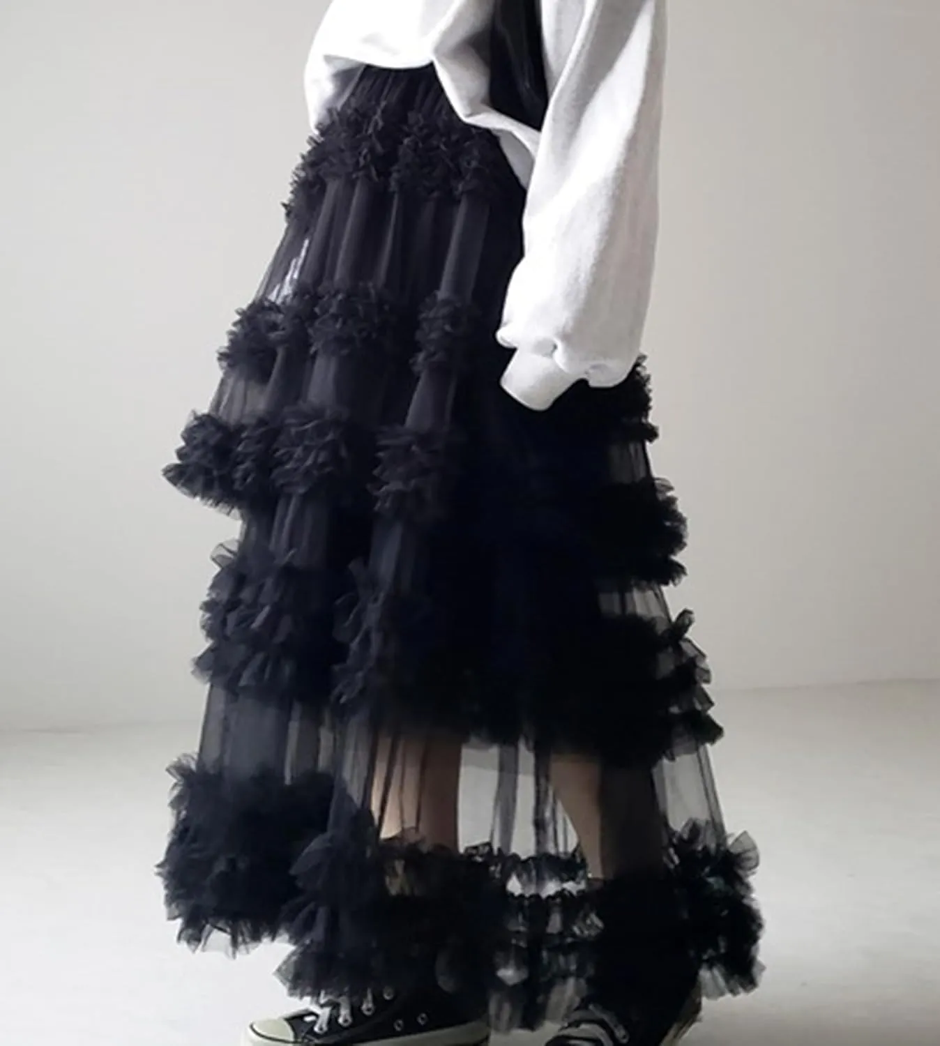 Women's Fairy Layered Tulle Midi Skirt Sweet Elastic High Waist A-Line Ruffle Tiered Mesh Puffy Long Maxi Skirt