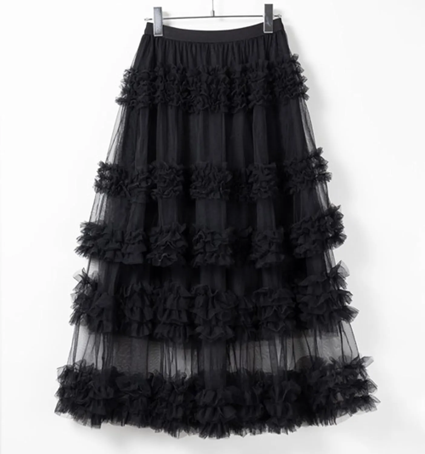Women's Fairy Layered Tulle Midi Skirt Sweet Elastic High Waist A-Line Ruffle Tiered Mesh Puffy Long Maxi Skirt