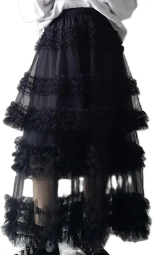 Women's Fairy Layered Tulle Midi Skirt Sweet Elastic High Waist A-Line Ruffle Tiered Mesh Puffy Long Maxi Skirt