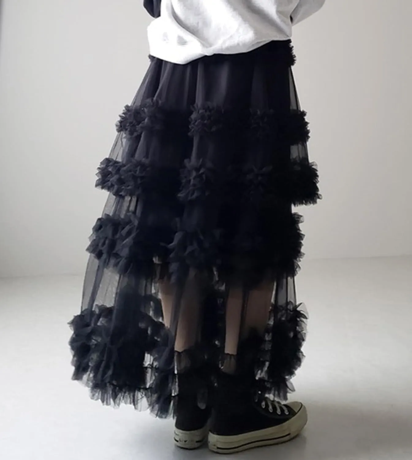 Women's Fairy Layered Tulle Midi Skirt Sweet Elastic High Waist A-Line Ruffle Tiered Mesh Puffy Long Maxi Skirt