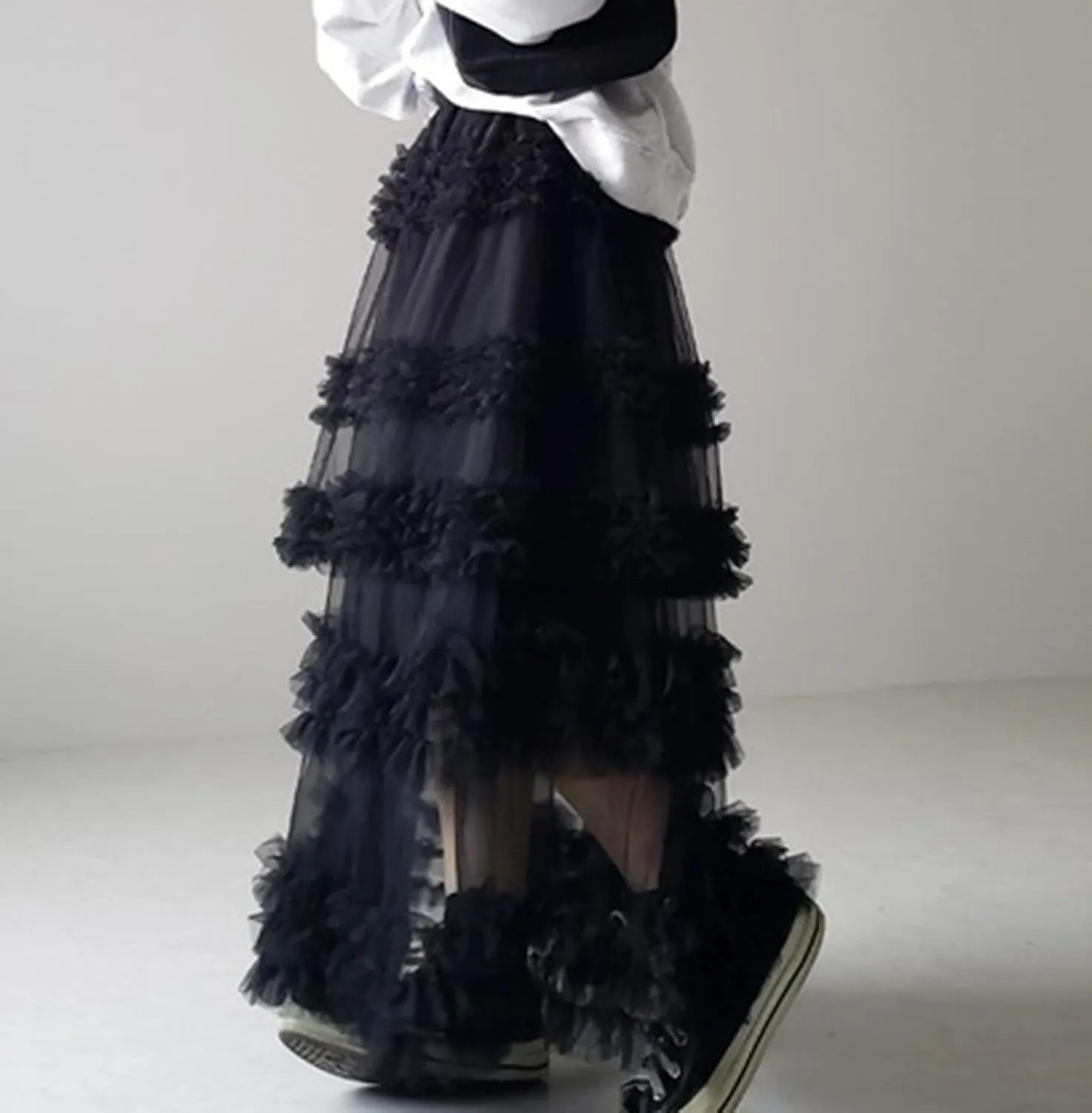Women's Fairy Layered Tulle Midi Skirt Sweet Elastic High Waist A-Line Ruffle Tiered Mesh Puffy Long Maxi Skirt