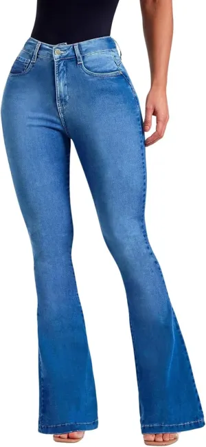 Women's Flare Stretch High Rise Jeans Skinny Bell Bottom Denim Pants