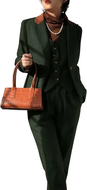 Women's Herringbone Tweed 3 Pieces Suit One Button Office Lady Blazer Vest Pants