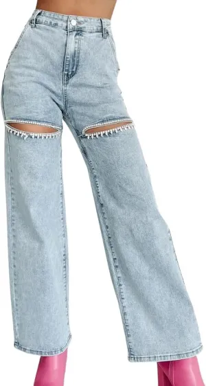 Women's High Waist Straight Wide Leg Y2K Denim Pants Cut Out Rhinestone Jeans Streetwear