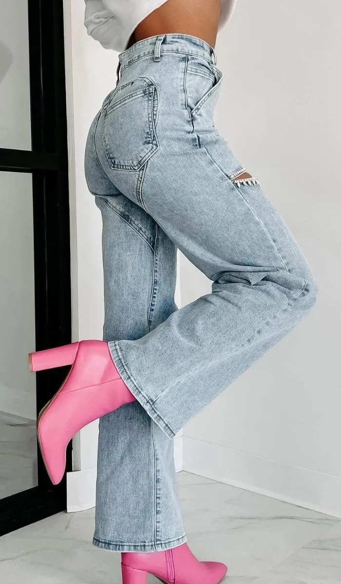 Women's High Waist Straight Wide Leg Y2K Denim Pants Cut Out Rhinestone Jeans Streetwear