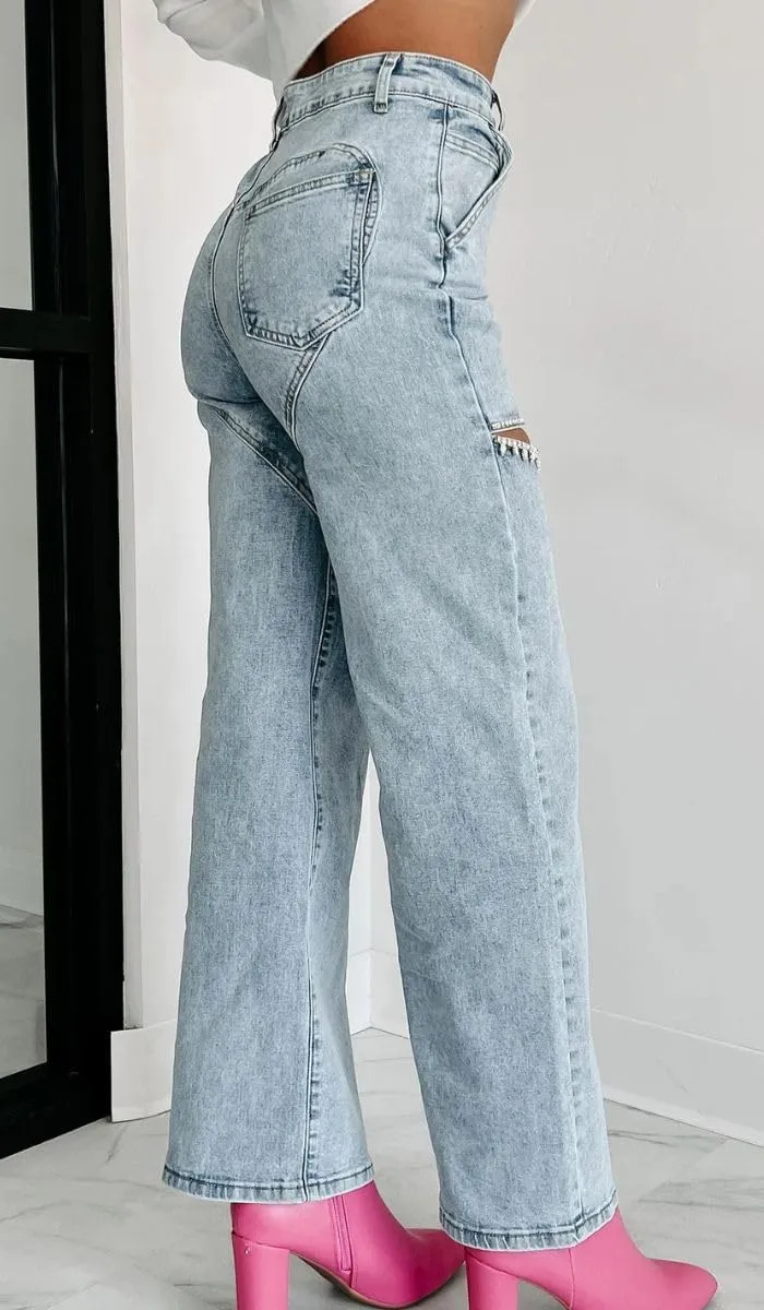 Women's High Waist Straight Wide Leg Y2K Denim Pants Cut Out Rhinestone Jeans Streetwear