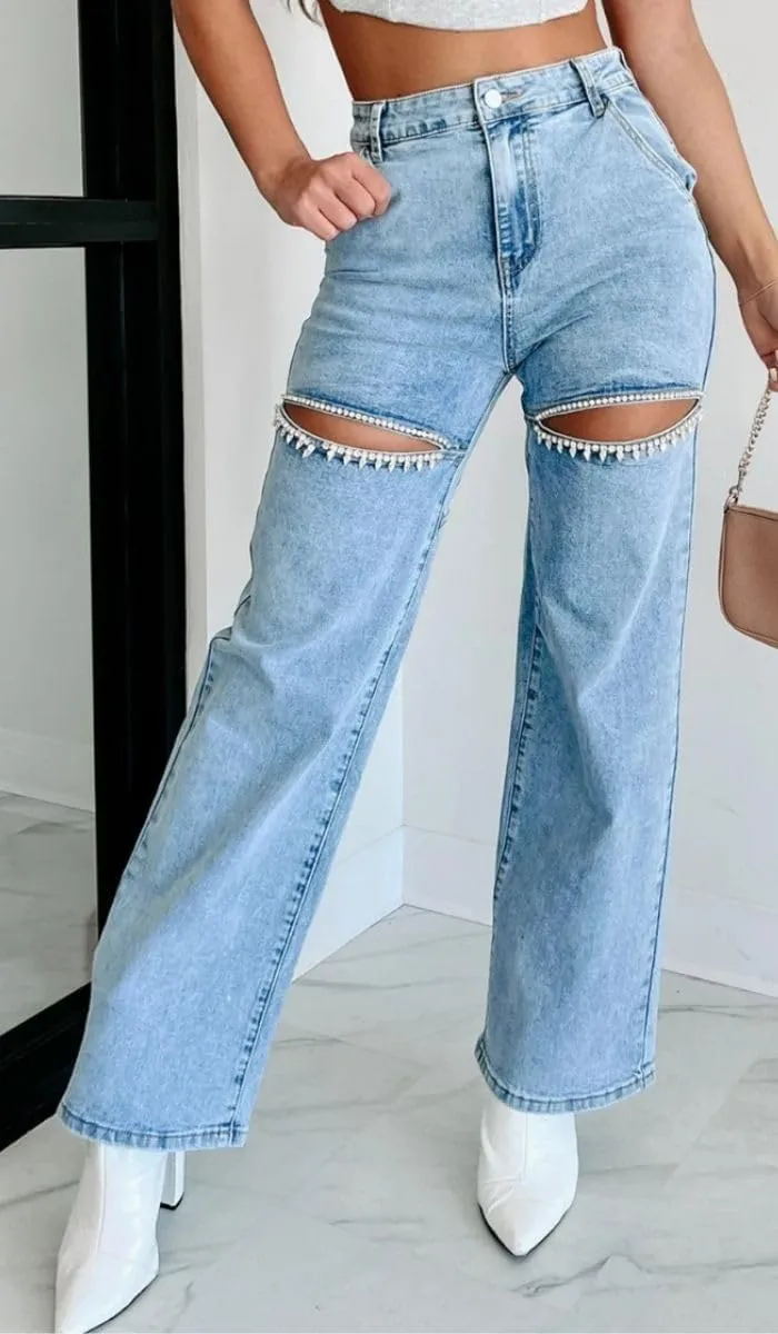 Women's High Waist Straight Wide Leg Y2K Denim Pants Cut Out Rhinestone Jeans Streetwear